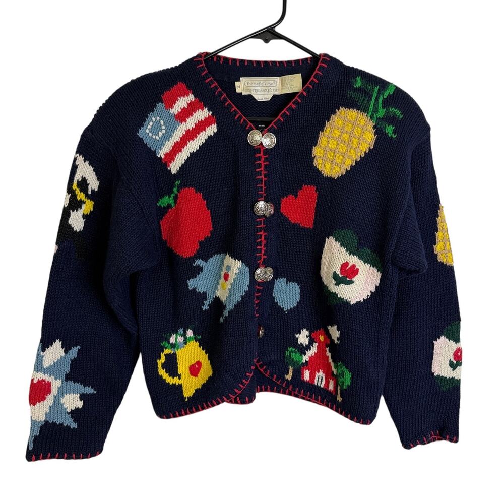 Vtg 1990 The Eagles Eye Cropped Cardigan Sweater Womens M Blue School USA Fruit
